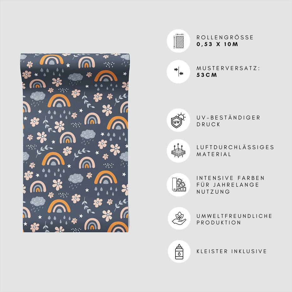 Tapeta - dziecięca, chmura, tęcza, kwiaty