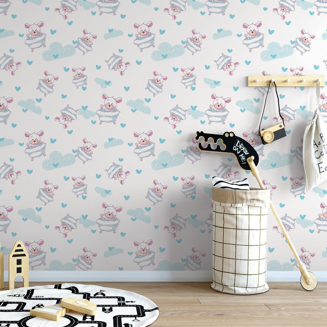 Tapeta - dziecięca, misie, chmurki, serca