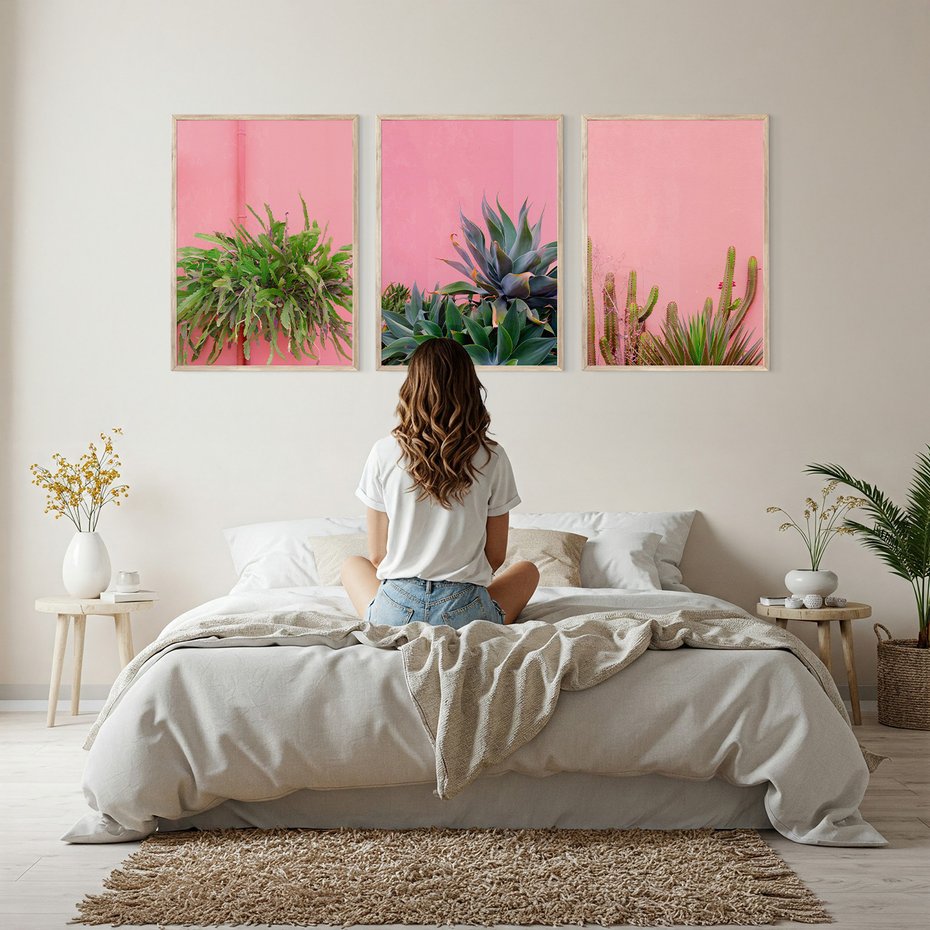 Zestaw obrazy w ramie, plakaty - rośliny, kaktusy, różowy - rama drewno