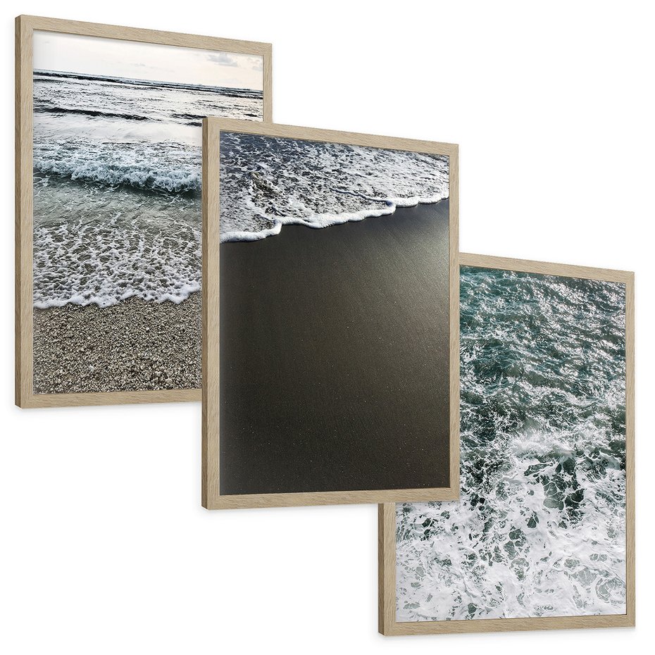 Zestaw obrazy w ramie, plakaty - morze, woda, plaża - rama drewno