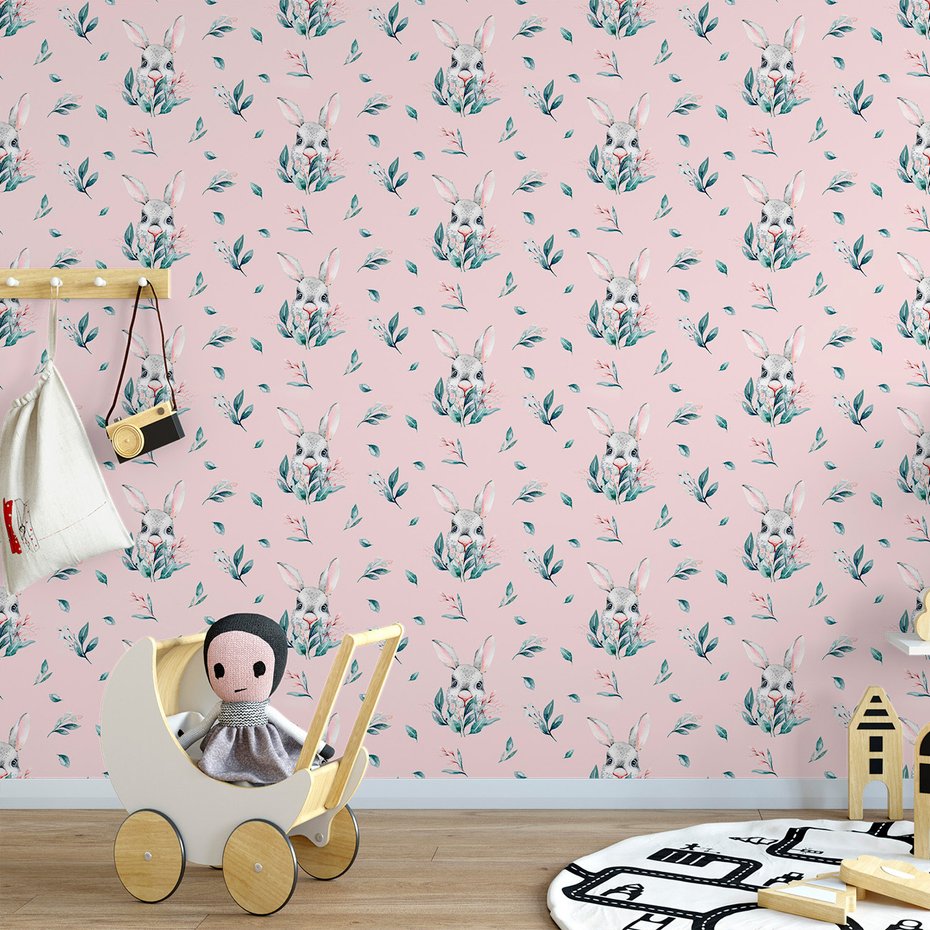 Tapeta - królik, liście, kwiaty