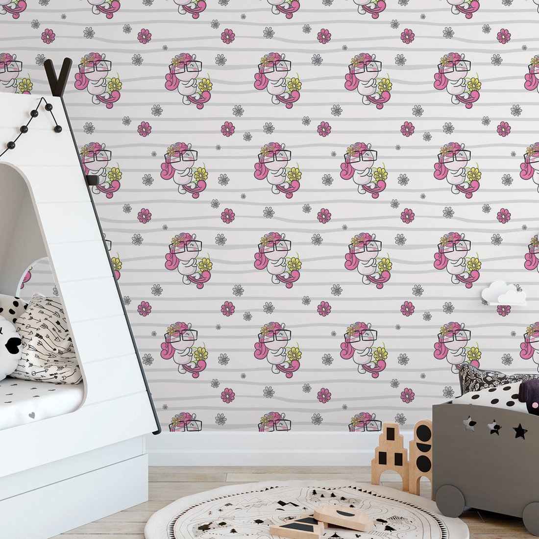 Tapeta - dziecięca, jednorożec, kwiaty,