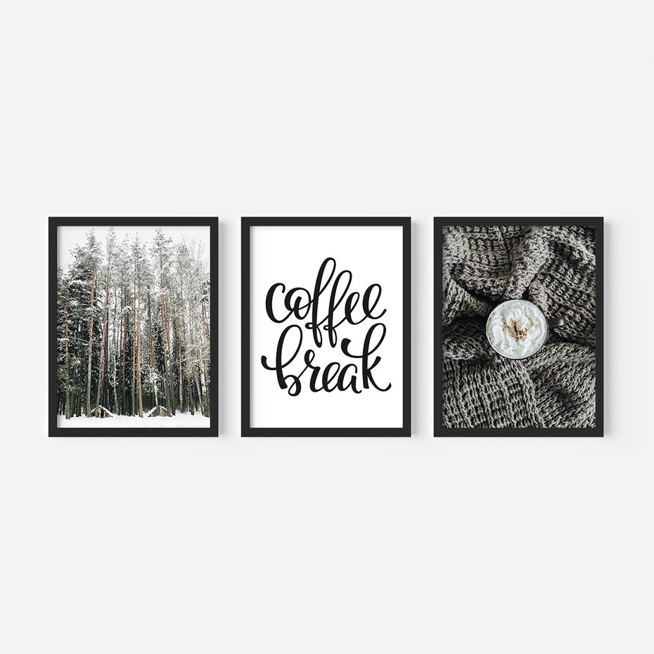 Zestaw obrazy w ramie, plakaty - zima, las, napój - rama czarna