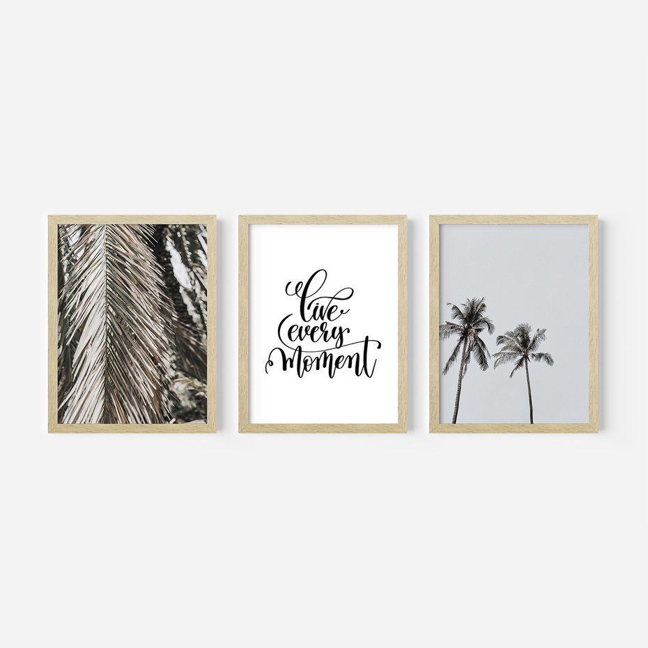 Zestaw obrazy w ramie, plakaty - liście, palmy, napisy - rama drewno