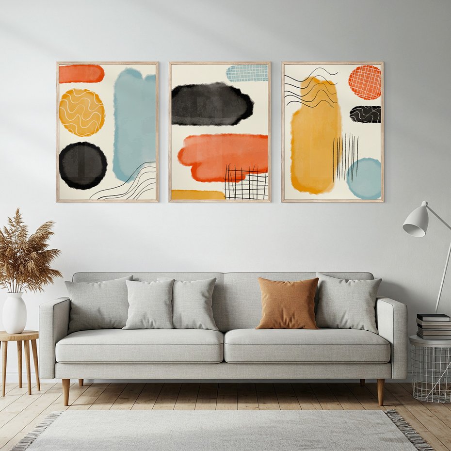 Zestaw obrazy w ramie, plakaty - abstrakcja, pastelowe, geometryczne - rama drewno