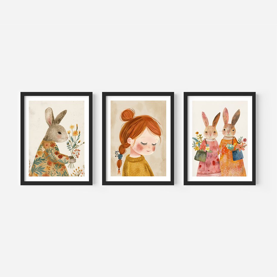 Zestaw obrazy w ramie, plakaty - króliki, dziewczynka, kwiaty - rama czarna