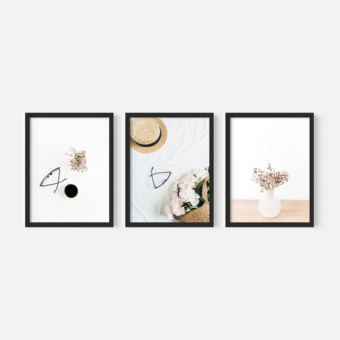 Zestaw obrazy w ramie, plakaty - kwiaty, okulary, kompozycja - rama czarna