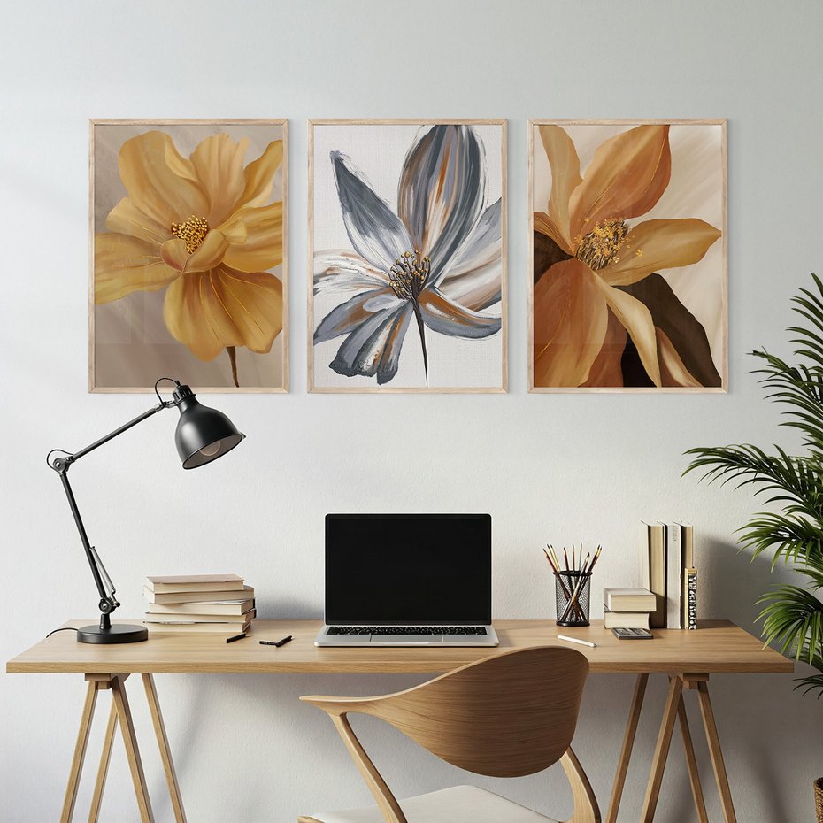 Zestaw obrazy w ramie, plakaty - kwiaty, płatki, dekoracja - rama drewno