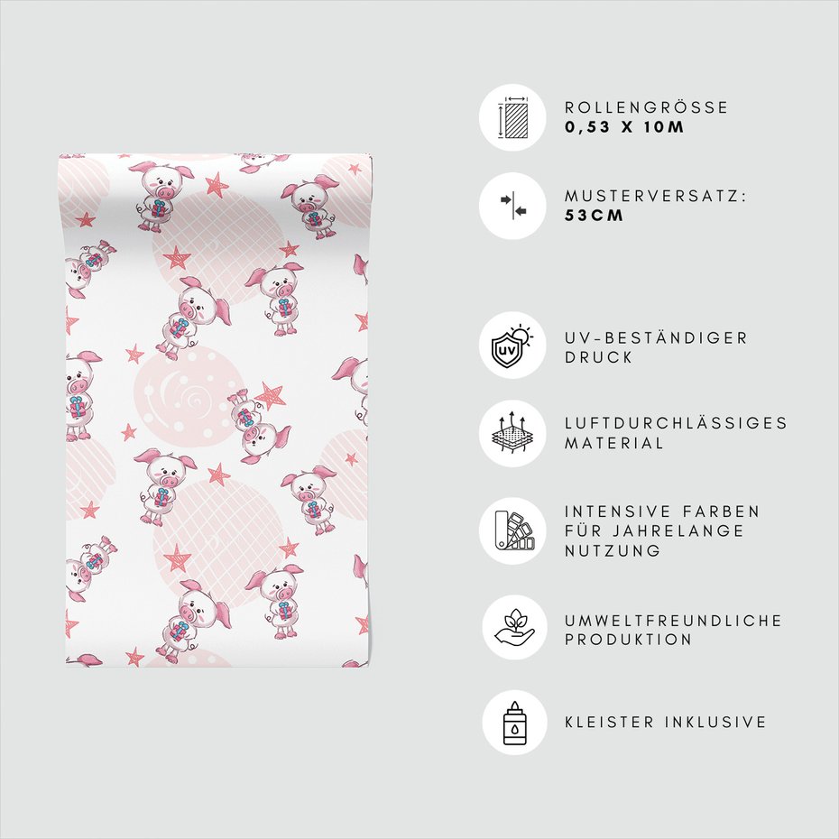 Tapeta - dziecięca, świnki, gwiazdy, prezenty