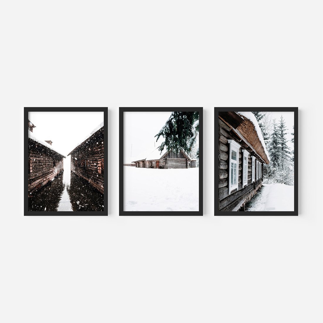 Zestaw obrazy w ramie, plakaty - zima, śnieg, budynki - rama czarna