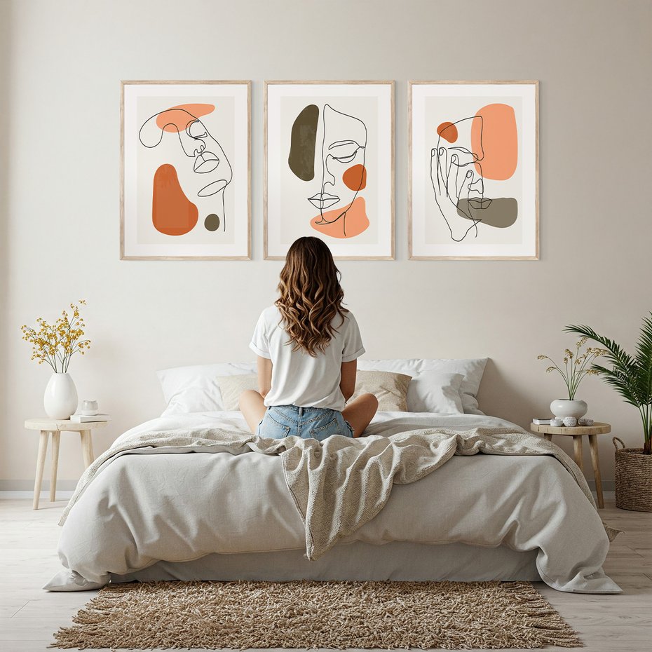 Zestaw obrazy w ramie, plakaty - abstrakcja, twarz, minimalizm - rama drewno