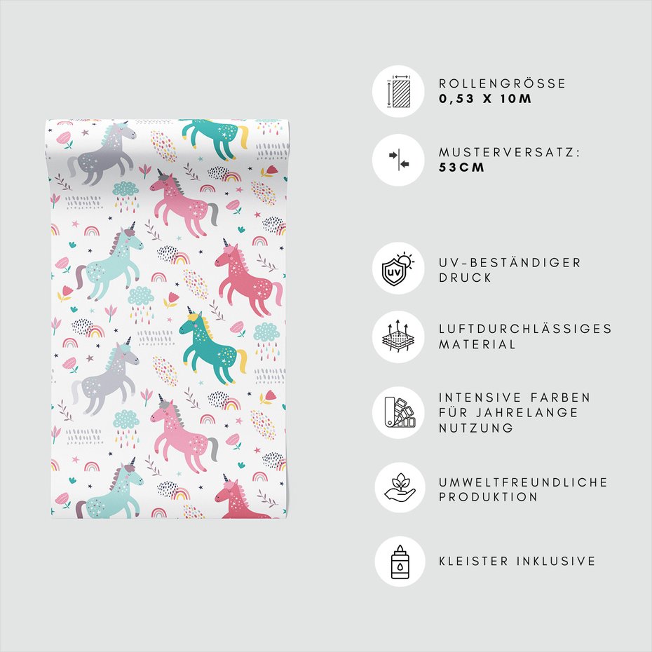 Tapeta - dziecięca, jednorożce, tęcza, chmury