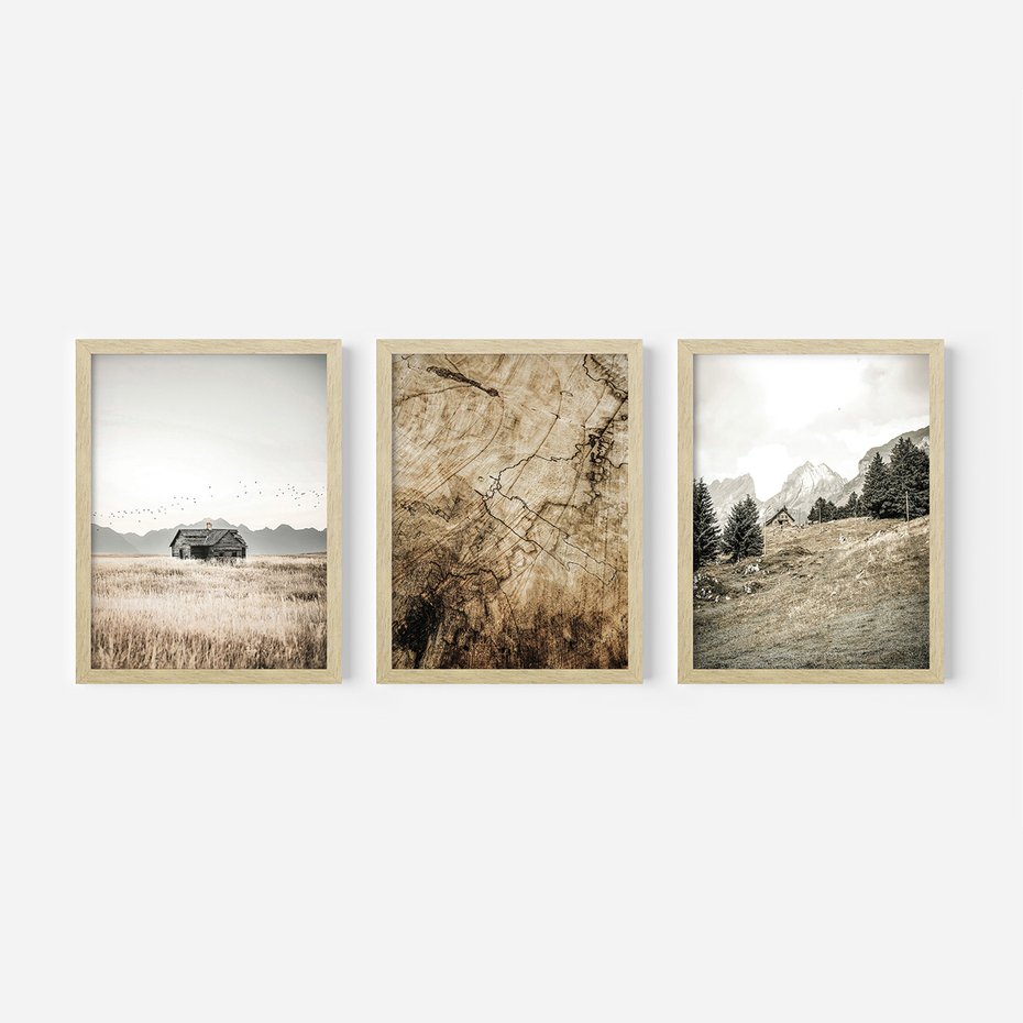 Zestaw obrazy w ramie, plakaty - krajobraz, natura, dom - rama drewno