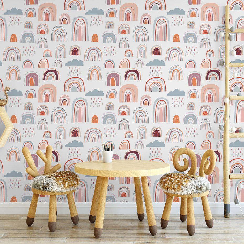 Tapeta - dziecięca, tęcza, chmura, kropelki