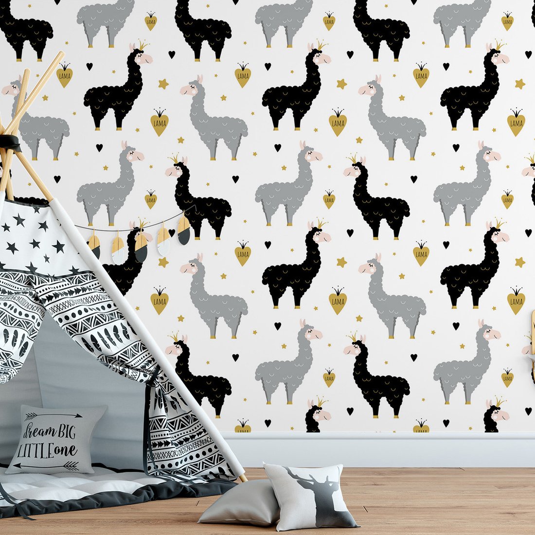 Tapeta - dziecięca, lama, serce, gwiazda