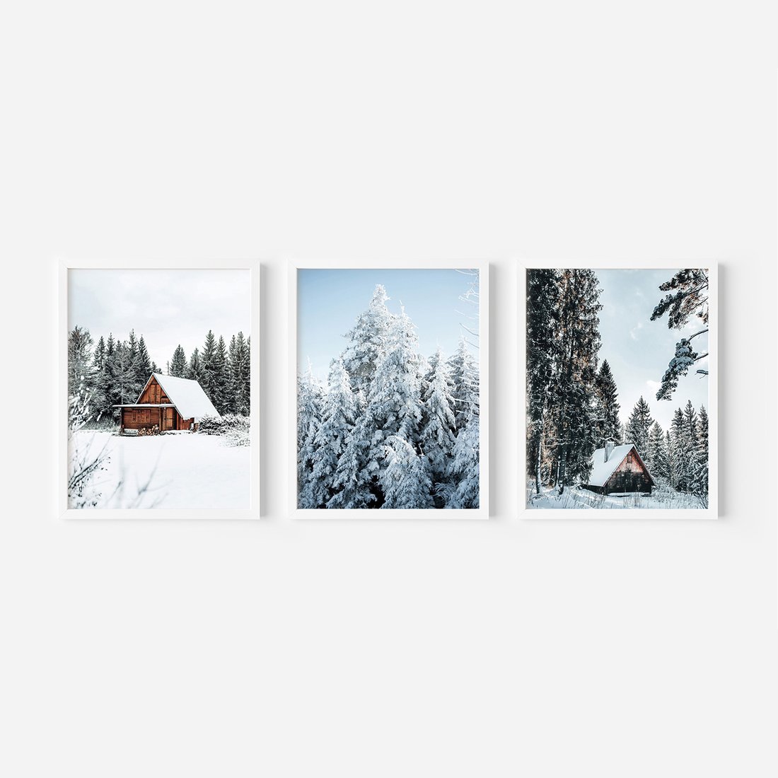 Zestaw obrazy w ramie, plakaty - zima, śnieg, drzewa - rama biała