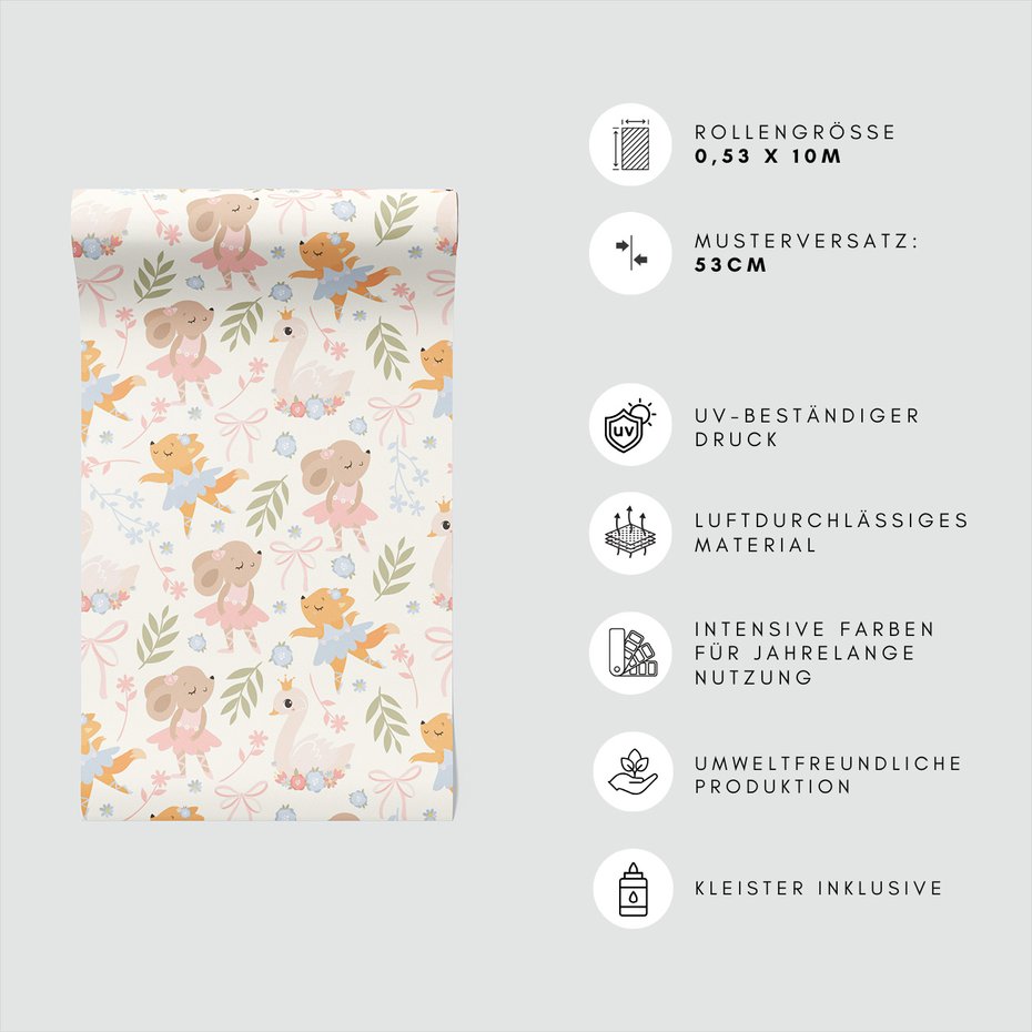 Tapeta - dziecięca, baletnica, zwierzęta, tło