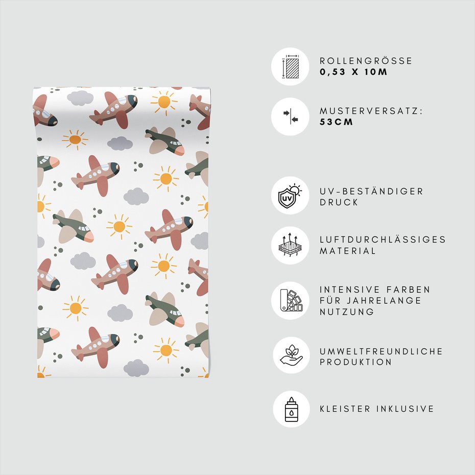 Tapeta - dziecięca, samoloty, słońca, chmury