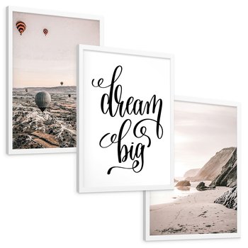 Zestaw obrazy w ramie, plakaty - balony, plaża, skały - rama biała