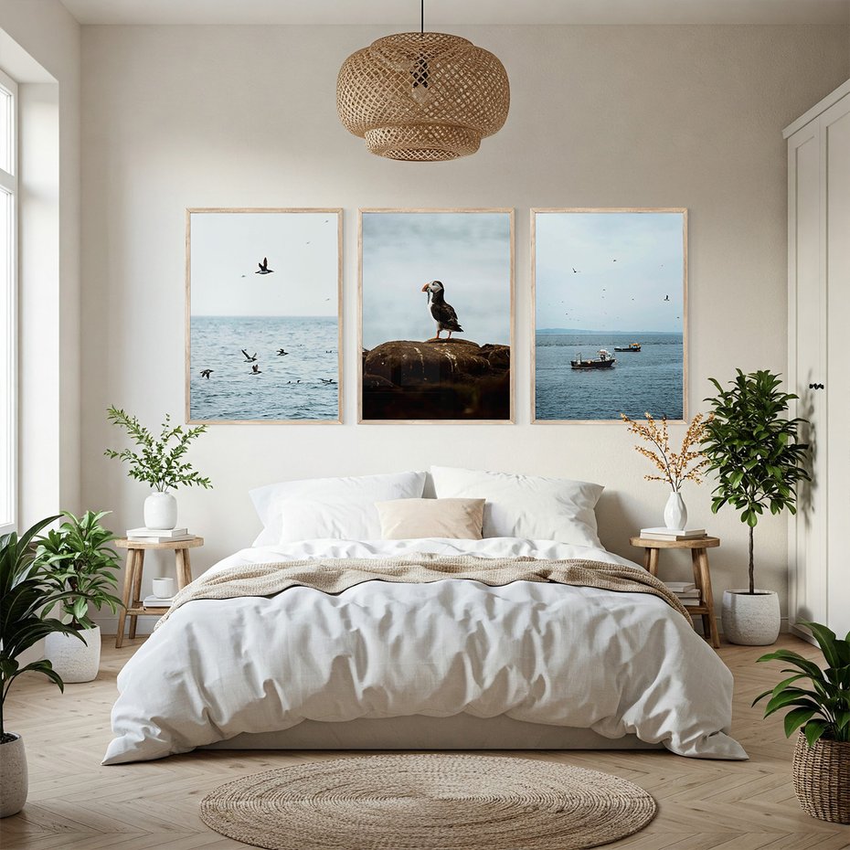Zestaw obrazy w ramie, plakaty - ptaki, morze, łodzie - rama drewno