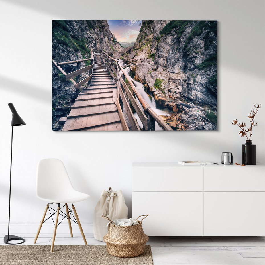 Obraz na płótnie - wodospad, schody, góry