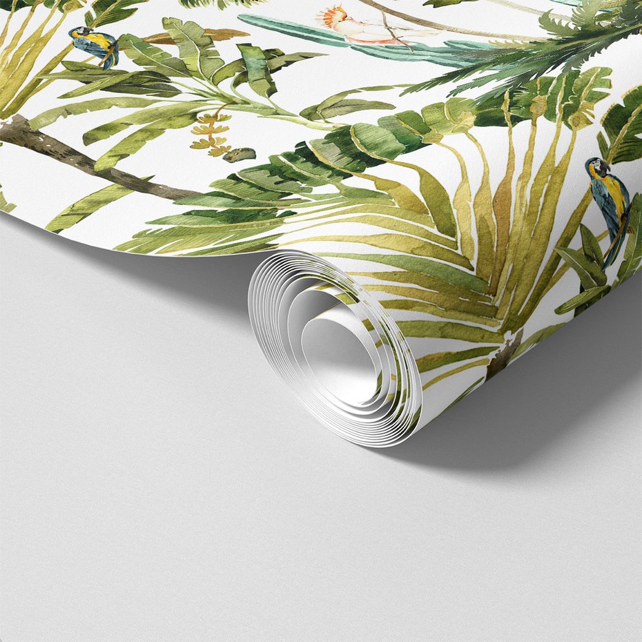 Tapeta - liście, papugi, dżungla