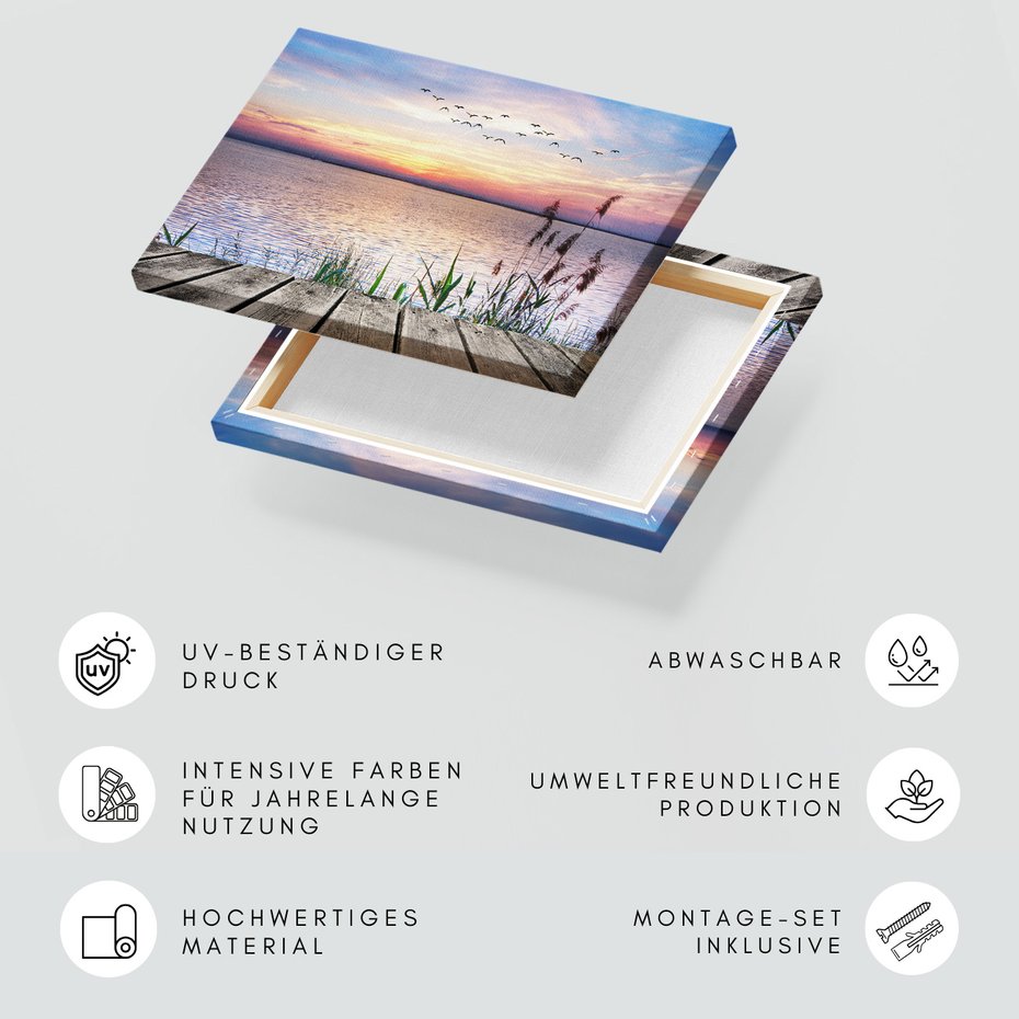 Obraz na płótnie - zachód słońca, jezioro, ptaki