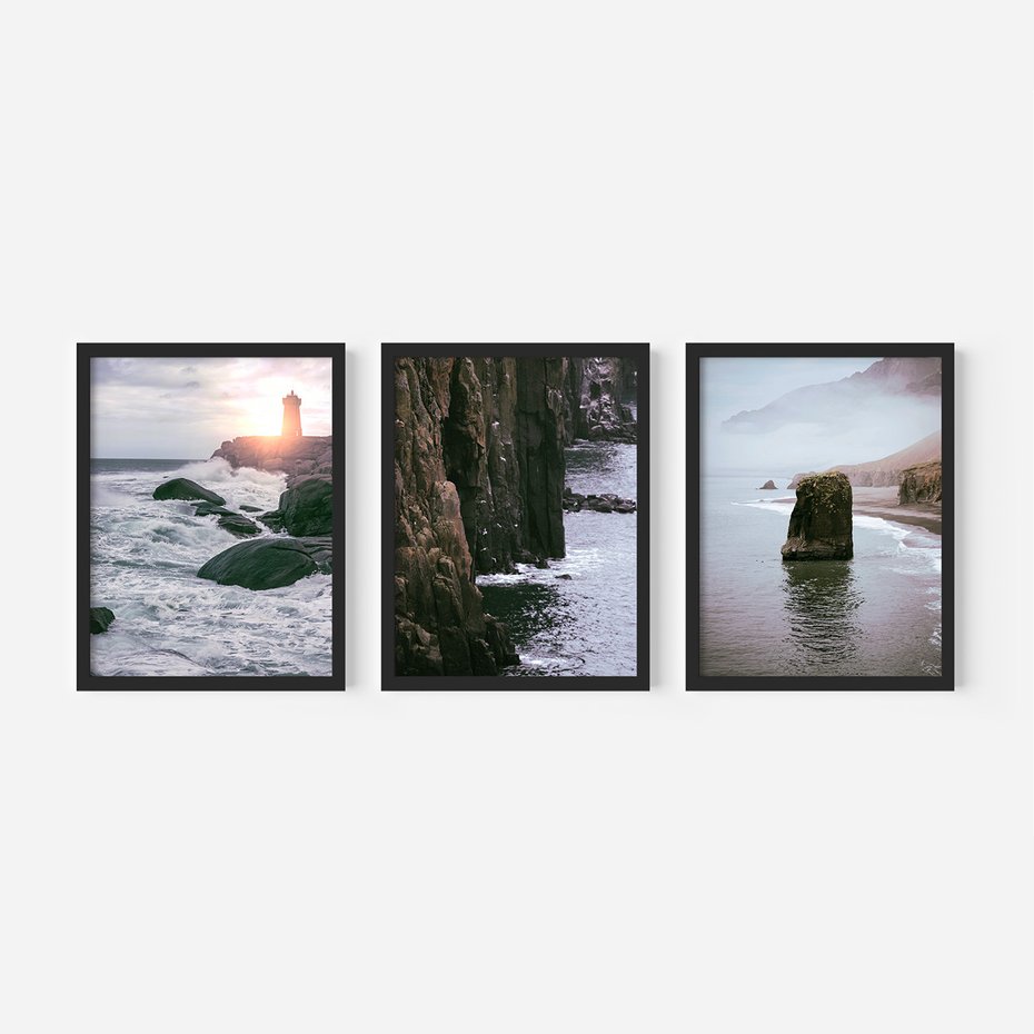 Zestaw obrazy w ramie, plakaty - morze, skały, wybrzeże - rama czarna