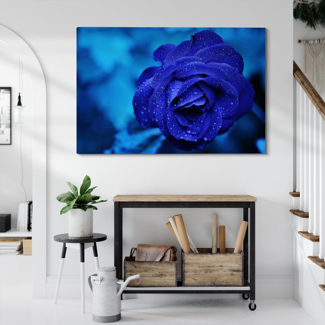 Obraz na płótnie - róża, niebieska, krople