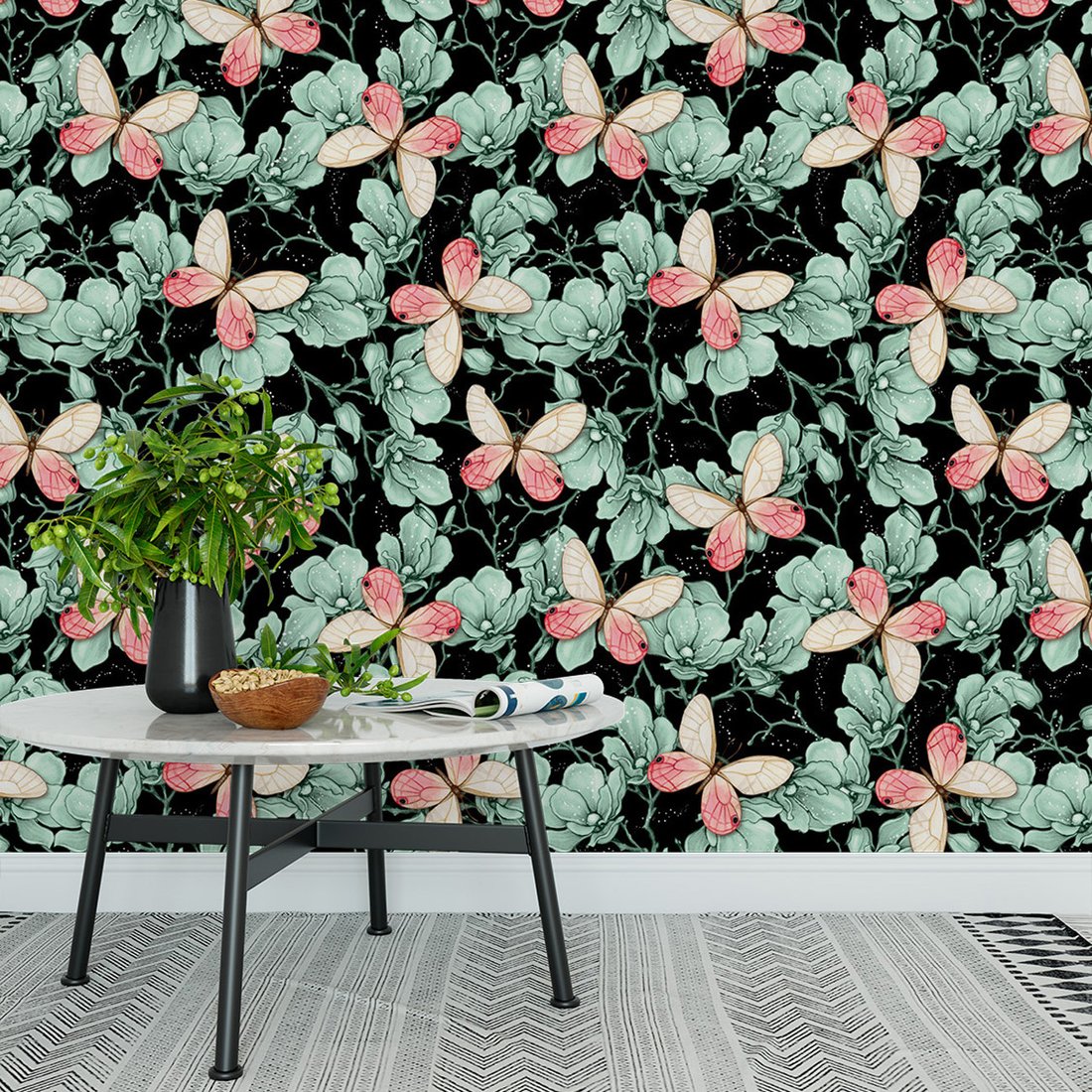 Tapeta - kwiaty, motyle, gałązki