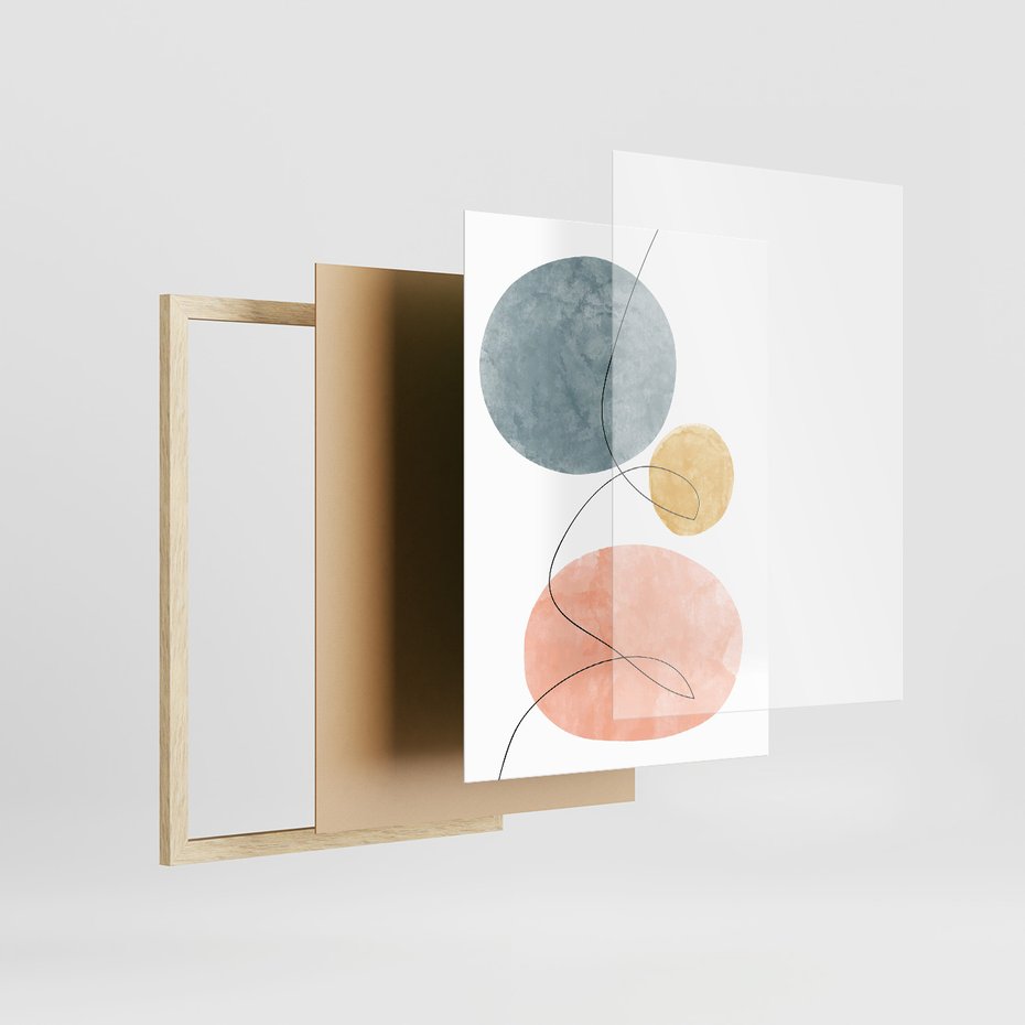 Zestaw obrazy w ramie, plakaty - abstrakcja,akwarele,linie - rama drewno