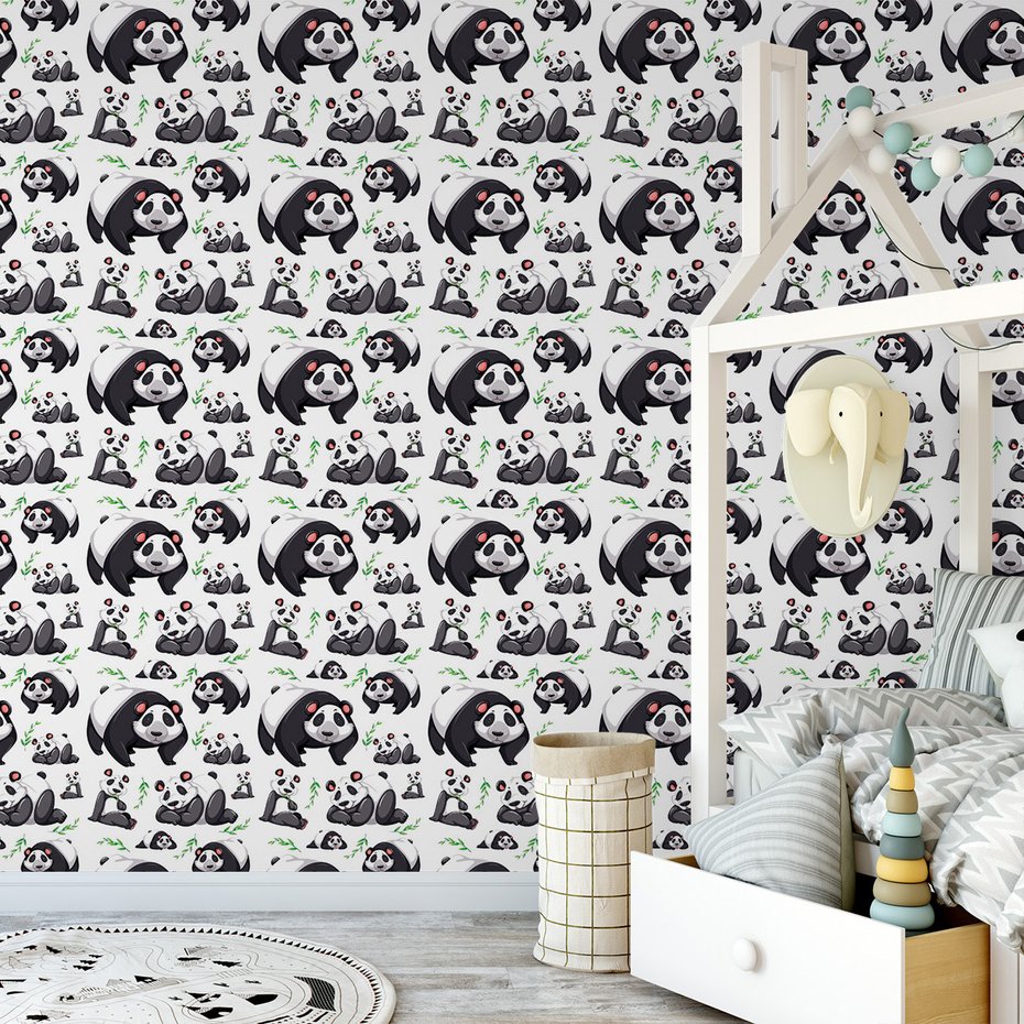 Tapeta - dziecięca, panda, liście, tło