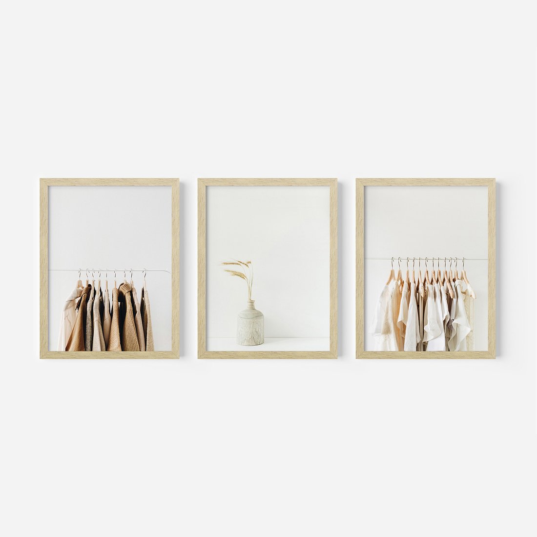 Zestaw obrazy w ramie, plakaty - ubrania, wazon, beżowy - rama drewno