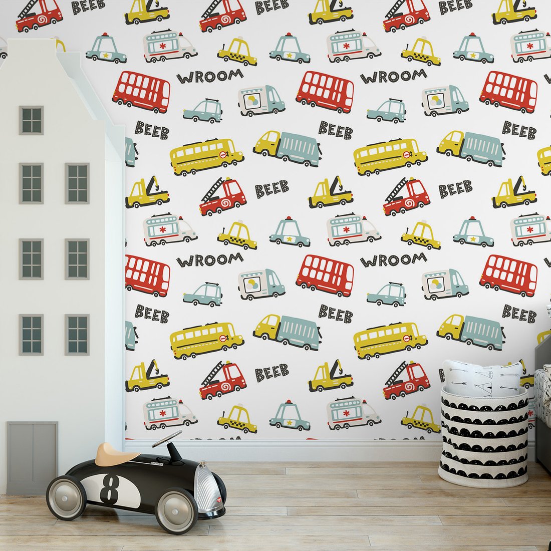 Tapeta - dziecięca, pojazdy, autobus, auta