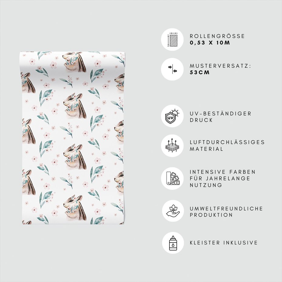 Tapeta - wiewiórka, kwiaty, liście