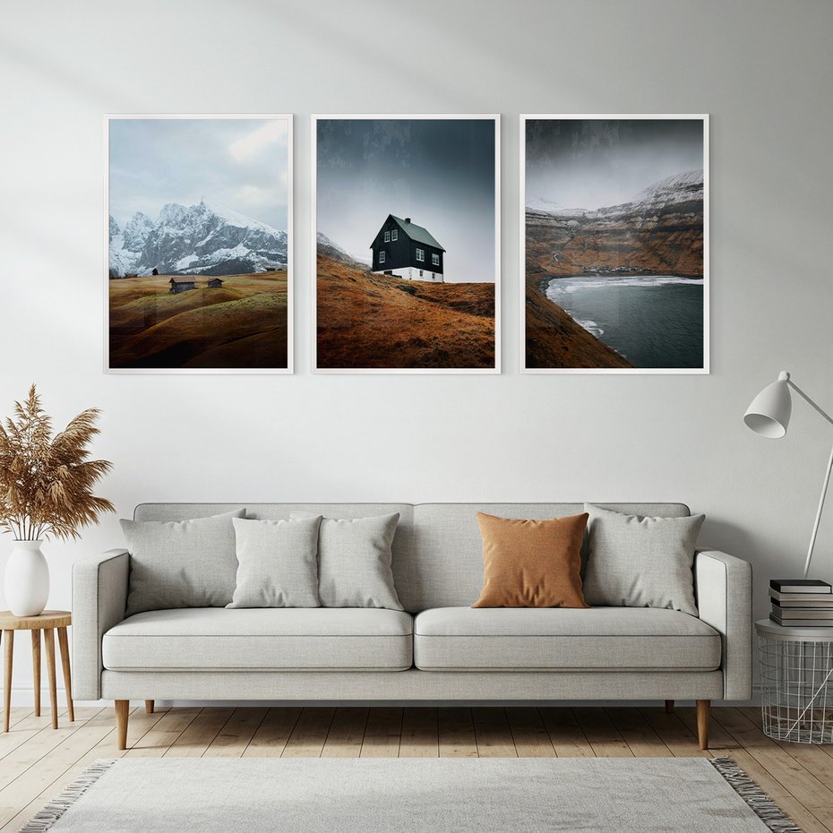 Zestaw obrazy w ramie, plakaty - góry, domy, krajobraz - rama biała