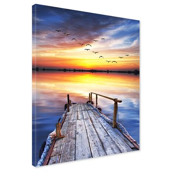 Obraz na płótnie - pomost, zachód słońca, ptaki