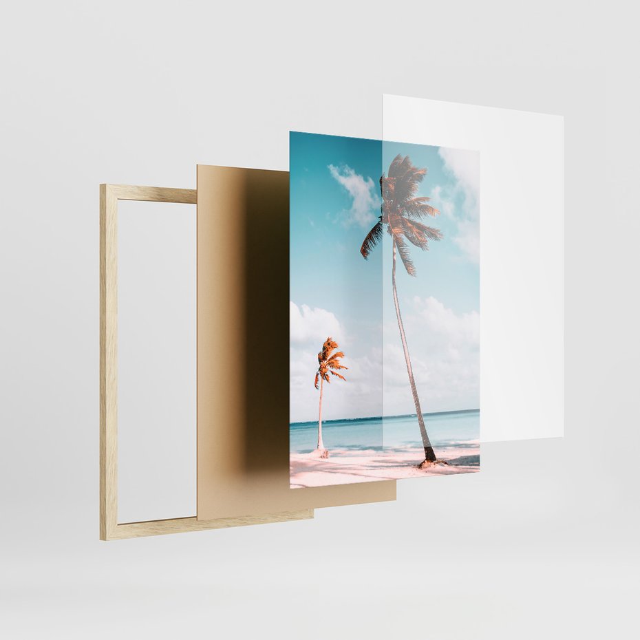 Zestaw obrazy w ramie, plakaty - palmy, skały, niebo - rama drewno
