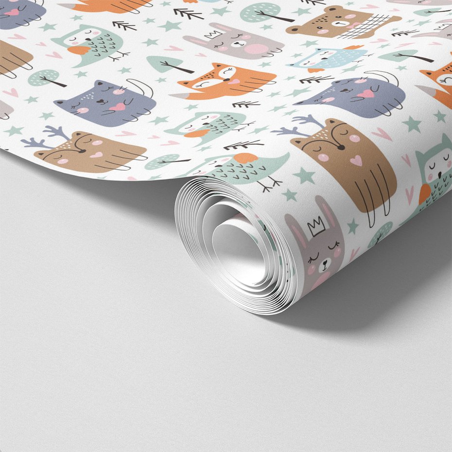 Tapeta - dziecięca, zwierzęta, drzewa, gwiazdy