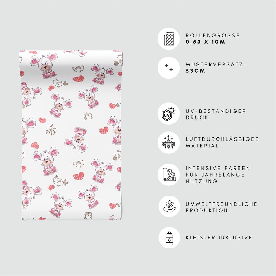 Tapeta - dziecięca, misie, ptaki, serca