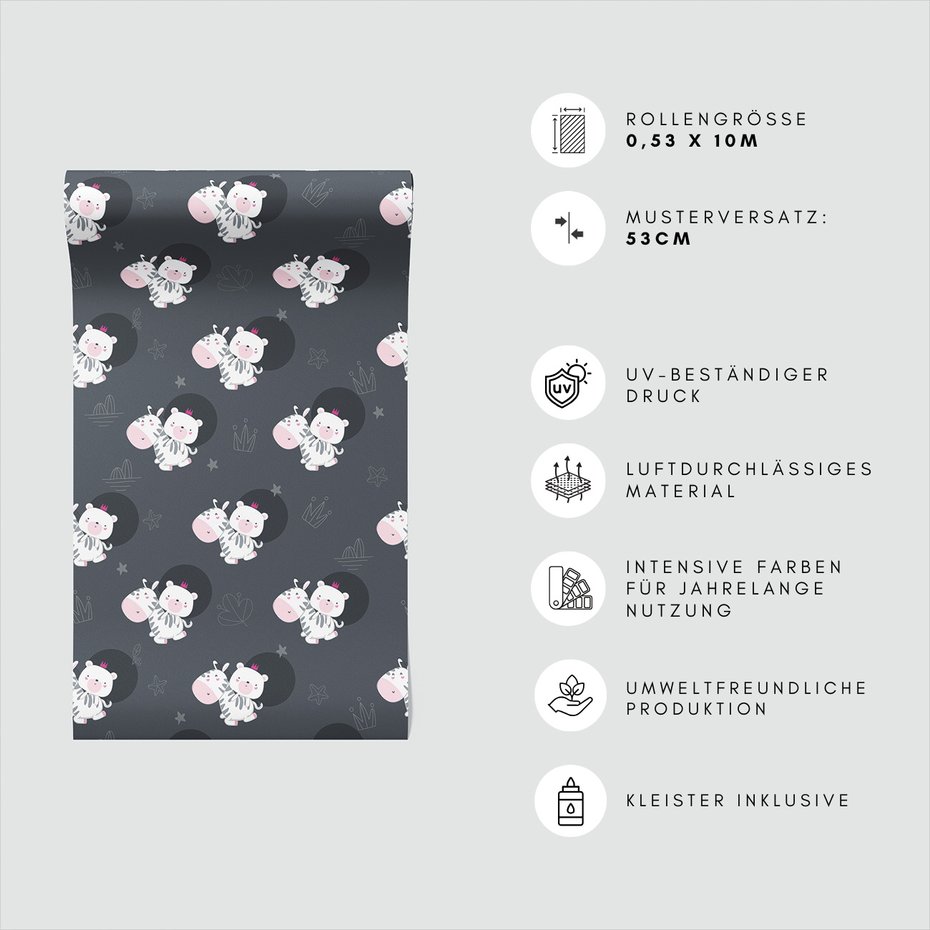 Tapeta - dziecięca, zebra, miś, korona