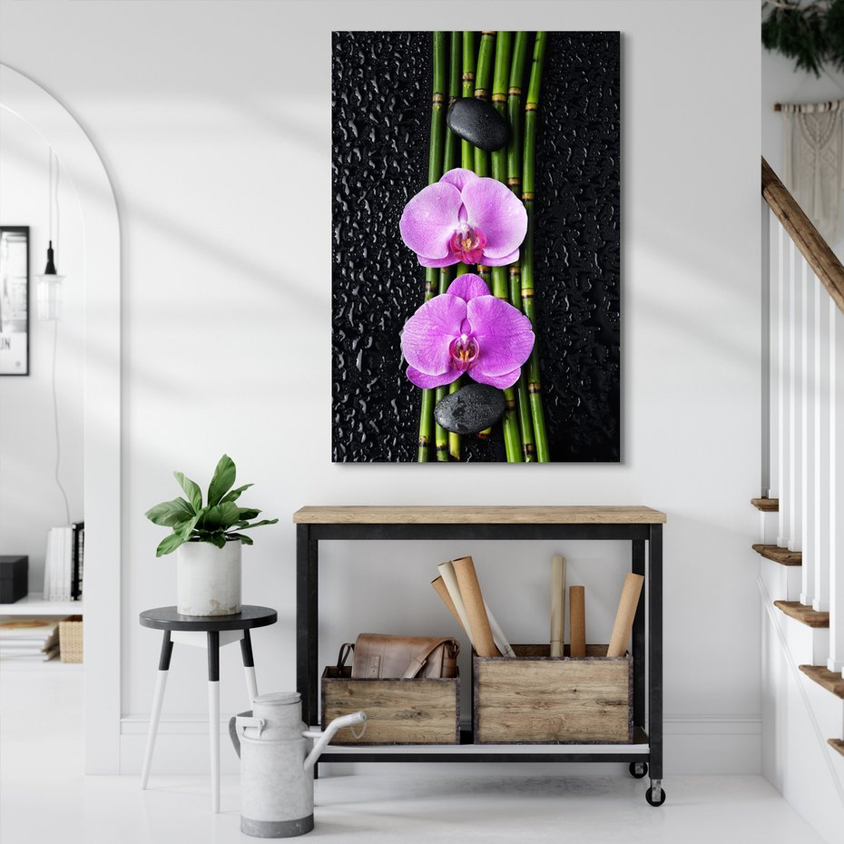 Obraz na płótnie - kwiaty, bambus, kamienie