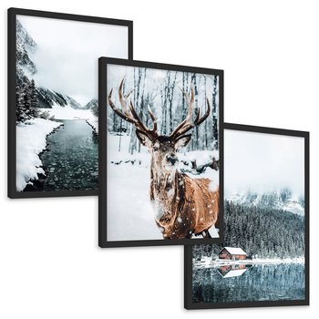 Zestaw obrazy w ramie, plakaty - zima, śnieg, krajobraz - rama czarna