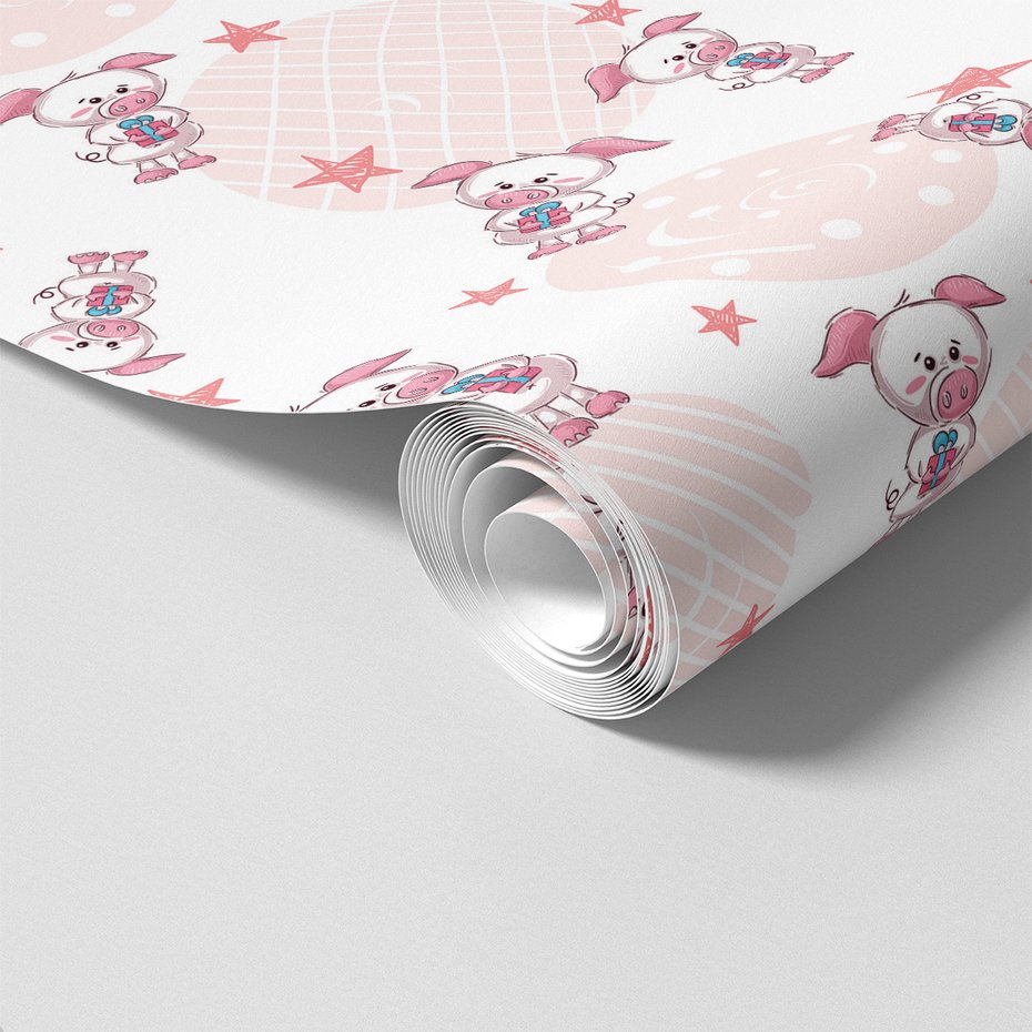 Tapeta - dziecięca, świnki, gwiazdy, prezenty