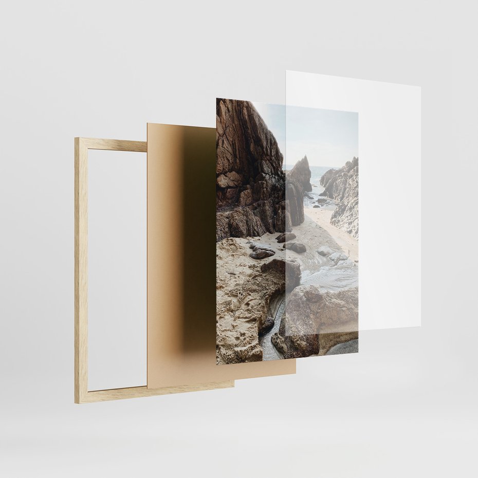 Zestaw obrazy w ramie, plakaty - plaża, morze, skały - rama drewno
