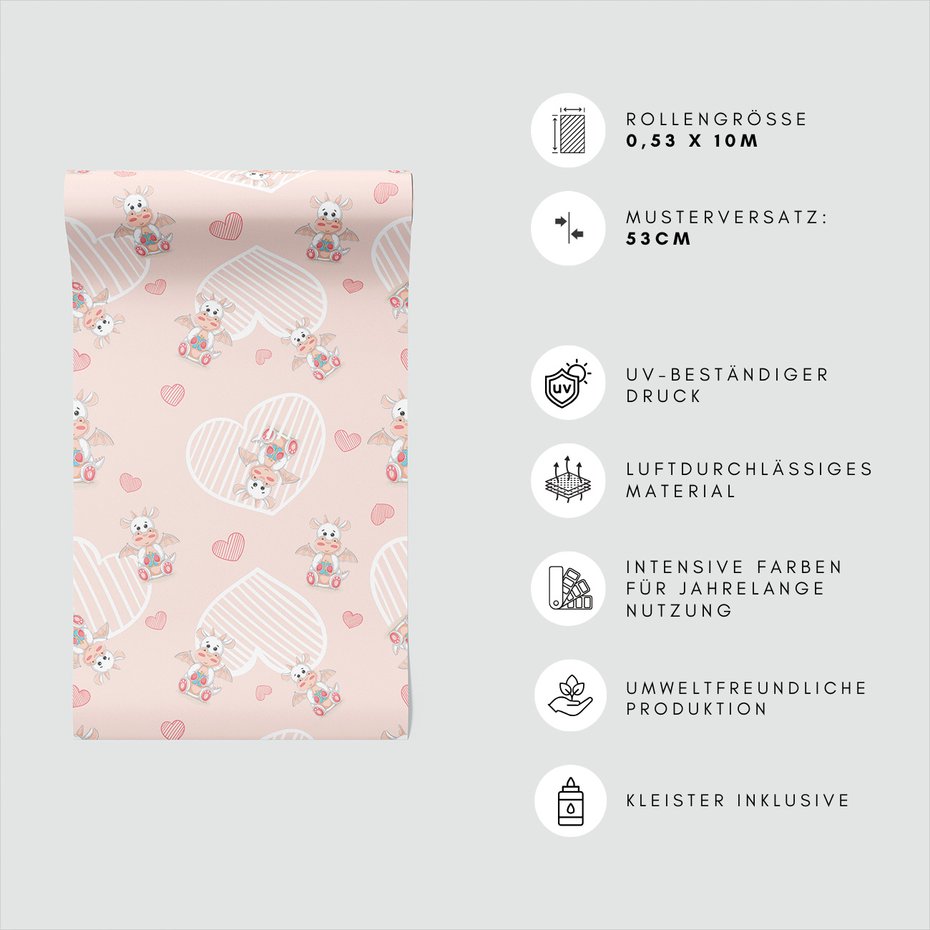 Tapeta - dziecięca, smoki, serca,