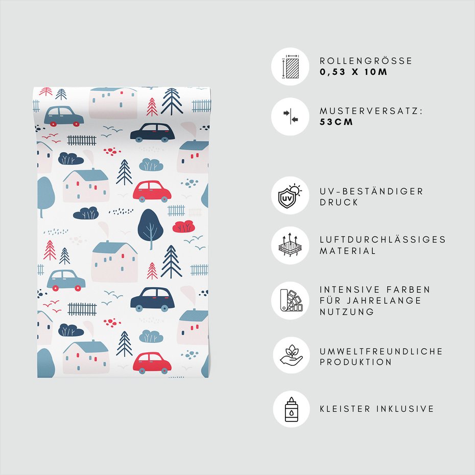 Tapeta - dziecięca, dom, samochód, drzewo