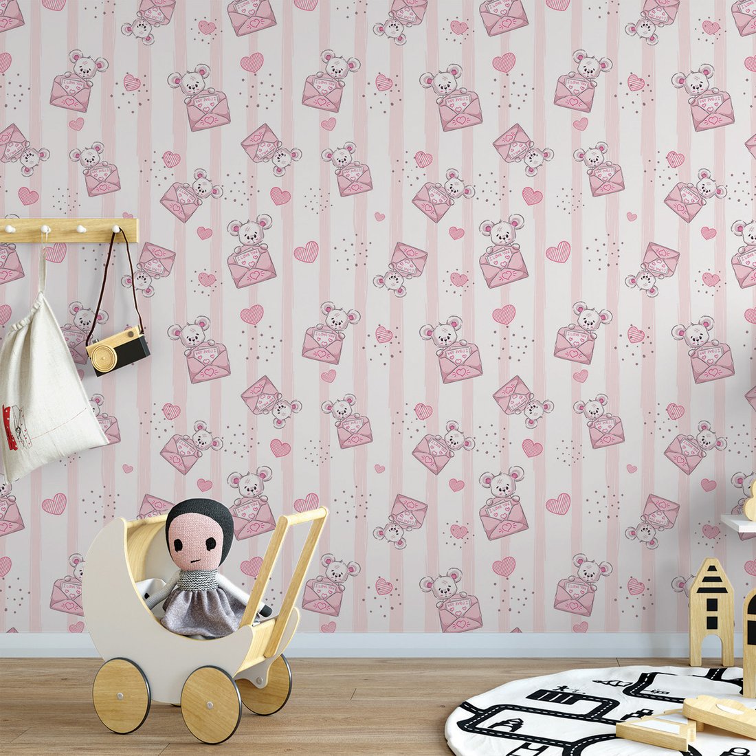 Tapeta - dziecięca, myszka, koperta, serca