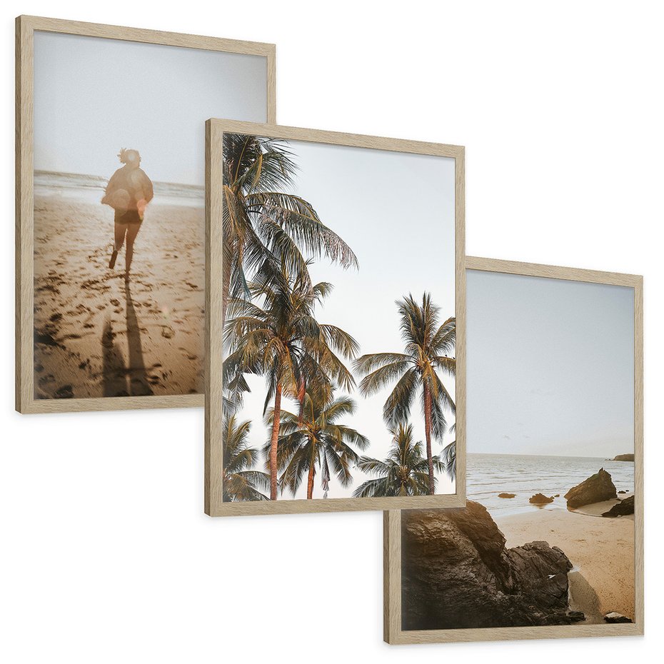 Zestaw obrazy w ramie, plakaty - plaża, palmy, morze - rama drewno