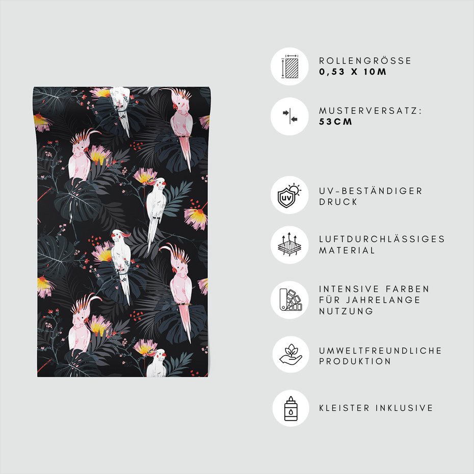 Tapeta - liście, papugi, kwiaty